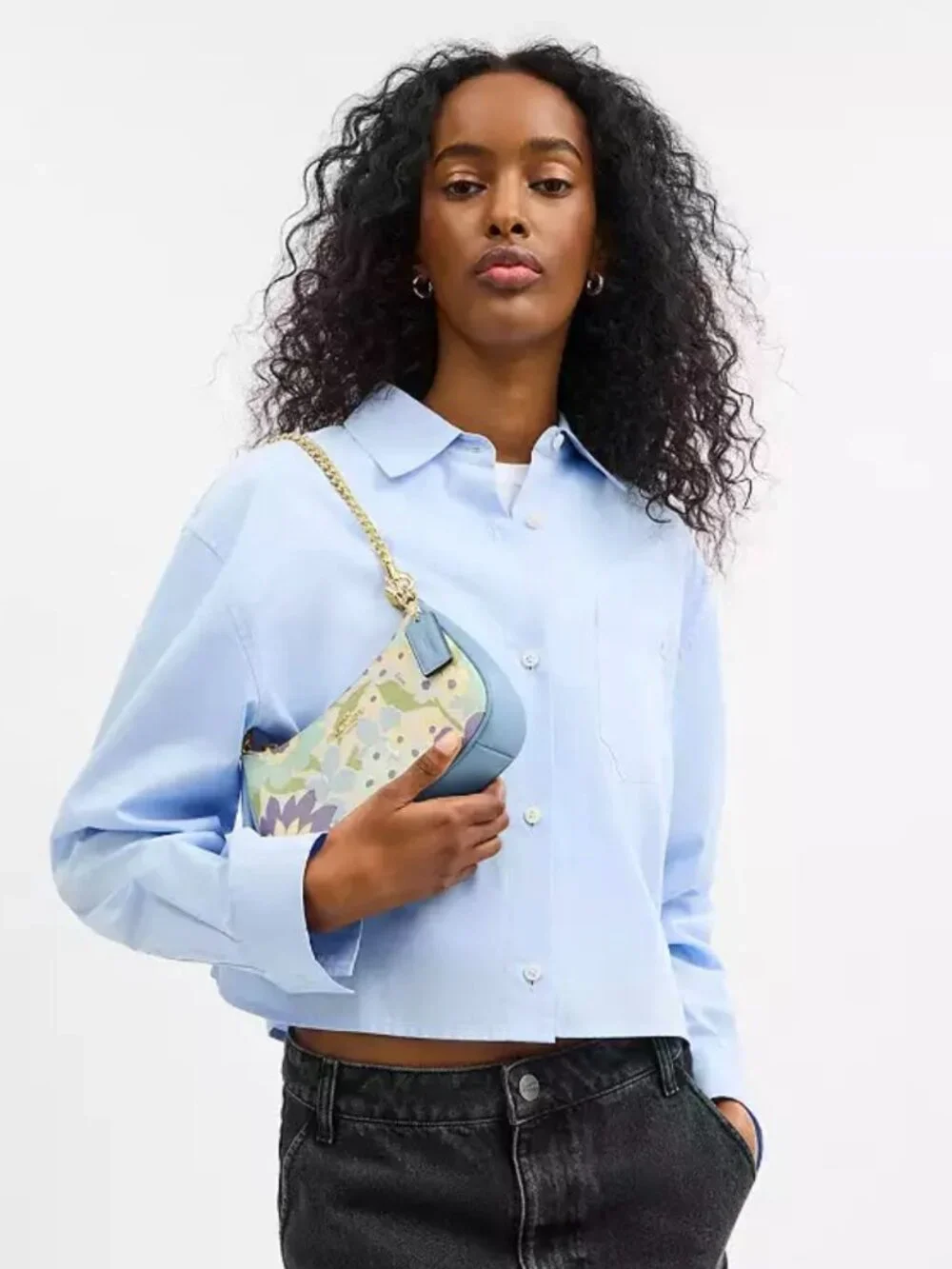COACH teri mini crossbody bag with floral print. gold/blue bell multi.